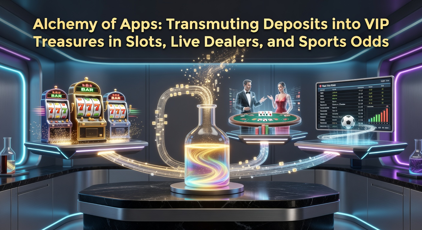Mobile App mit leuchtenden VIP-Symbolen, Slots, Live-Tischen und Sportwetten-Icons, die Einlagen in Goldmünzen verwandeln