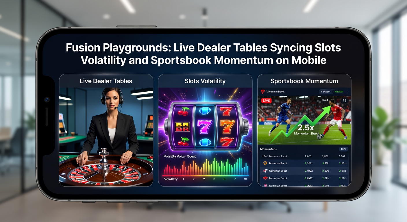 Dynamisches Interface eines Fusion Playgrounds mit synchronisierten Live-Dealer-Tischen, Slot-Maschinen und Sportwetten-Überlagerungen auf einem Smartphone-Bildschirm