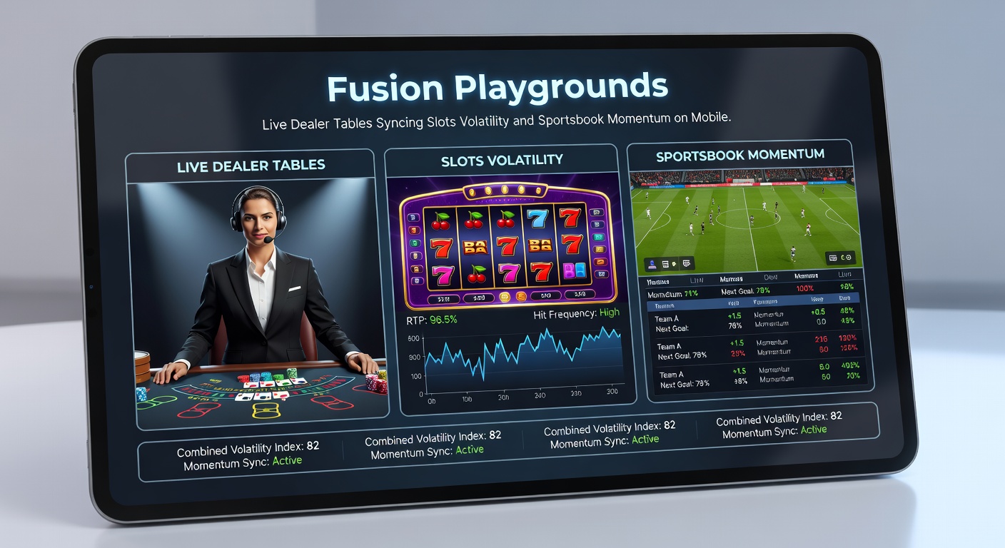 Nahaufnahme einer mobilen Fusion-Playground-App, die einen Live-Dealer-Blackjack-Tisch mit volatilen Slot-Symbolen und pulsierenden Sportwetten-Quoten kombiniert